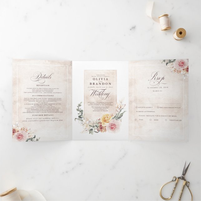 Colourful Flowers Elegant Boho Wedding Tri-Fold Invitation (Inside)