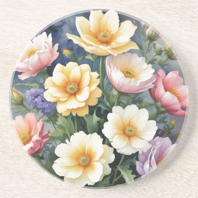 Colourful Flowers Elegant Watercolor Painting Coaster (Front)