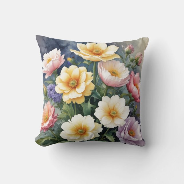 Colourful Flowers Elegant Watercolor Painting Cushion (Front)