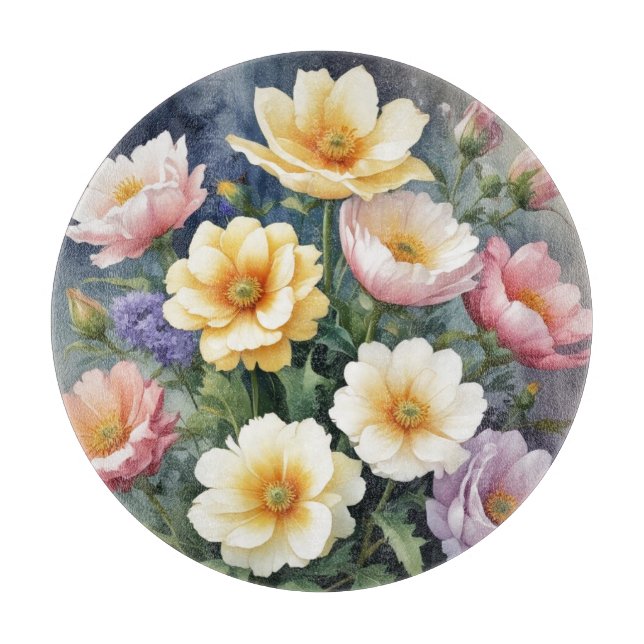 Colourful Flowers Elegant Watercolor Painting Cutting Board (Front)