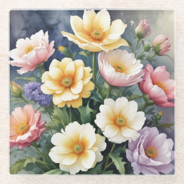 Colourful Flowers Elegant Watercolor Painting Glass Coaster (Front)