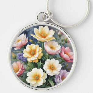 Colourful Flowers Elegant Watercolor Painting Key Ring