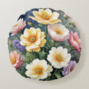 Colourful Flowers Elegant Watercolor Painting Round Cushion