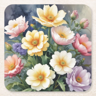 Colourful Flowers Elegant Watercolor Painting Square Paper Coaster