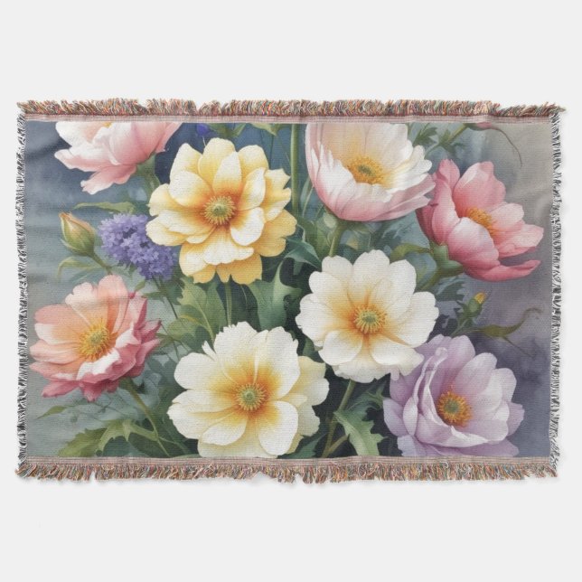 Colourful Flowers Elegant Watercolor Painting Throw Blanket (Front)