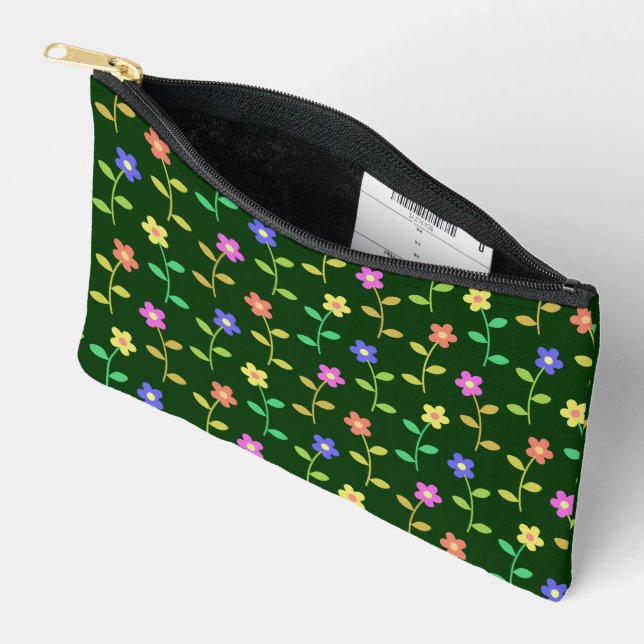 Colourful Flowers, Floral Pattern, Greenery, Boho Accessory Pouch (Open)