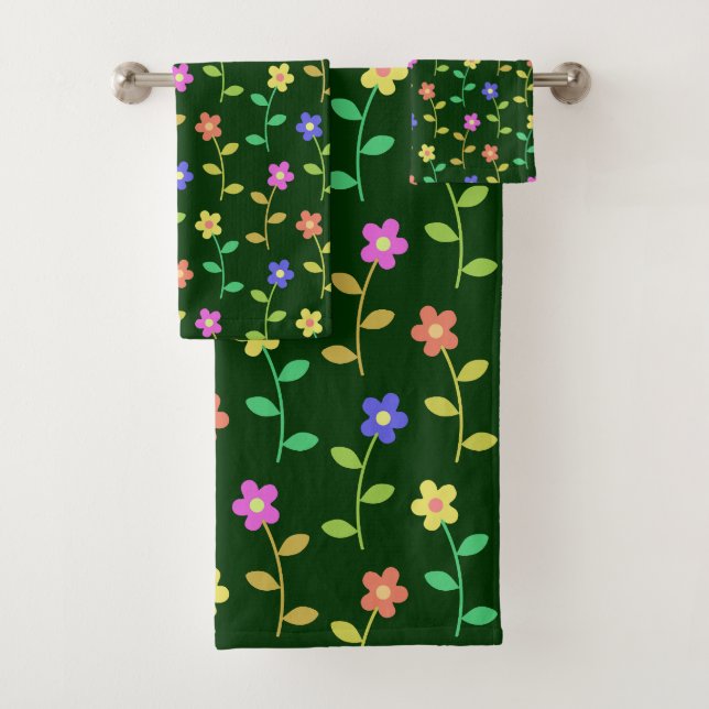 Colourful Flowers, Floral Pattern, Greenery, Boho Bath Towel Set (Insitu)