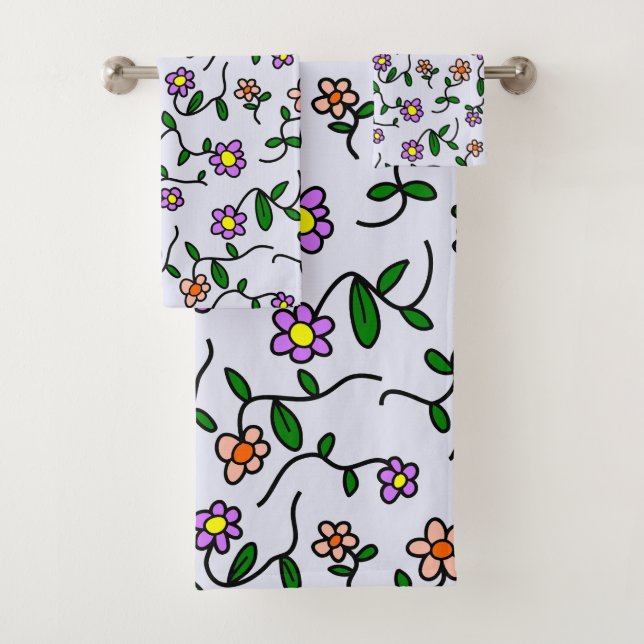 Colourful Flowers, Floral Pattern, Greenery, Boho Bath Towel Set (Insitu)