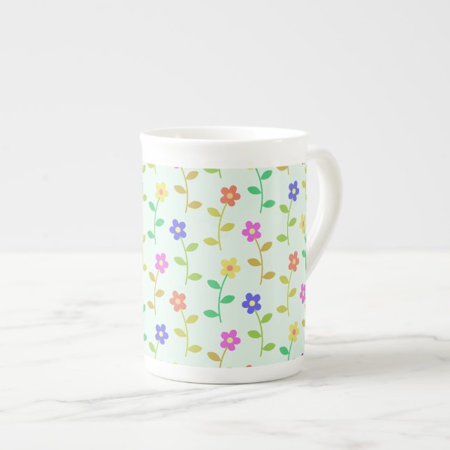 Colourful Flowers, Floral Pattern, Greenery, Boho Bone China Mug (Front Right)