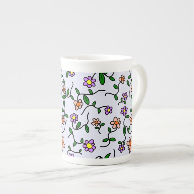 Colourful Flowers, Floral Pattern, Greenery, Boho Bone China Mug (Front Right)