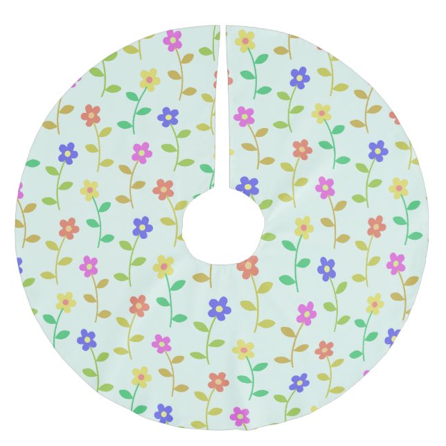 Colourful Flowers, Floral Pattern, Greenery, Boho Brushed Polyester Tree Skirt (Front)