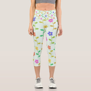 Colourful Flowers, Floral Pattern, Greenery, Boho Capri Leggings