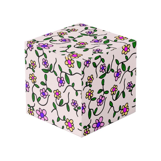 Colourful Flowers, Floral Pattern, Greenery, Boho Cube (Front Angled)