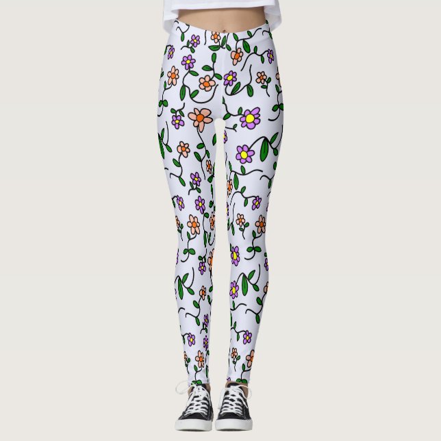 Colourful Flowers, Floral Pattern, Greenery, Boho Leggings (Front)