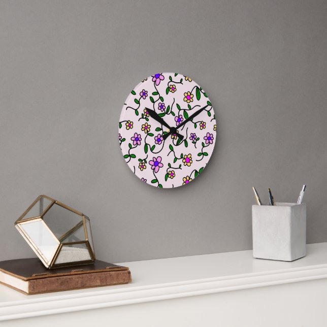 Colourful Flowers, Floral Pattern, Greenery, Boho Round Clock (Office)