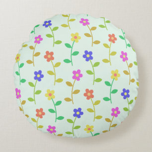 Colourful Flowers, Floral Pattern, Greenery, Boho Round Cushion