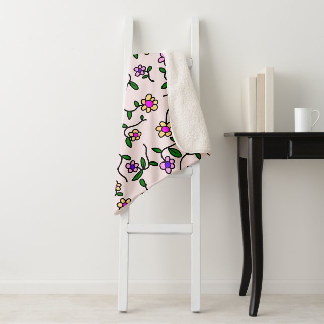Colourful Flowers, Floral Pattern, Greenery, Boho Sherpa Blanket (In Situ)
