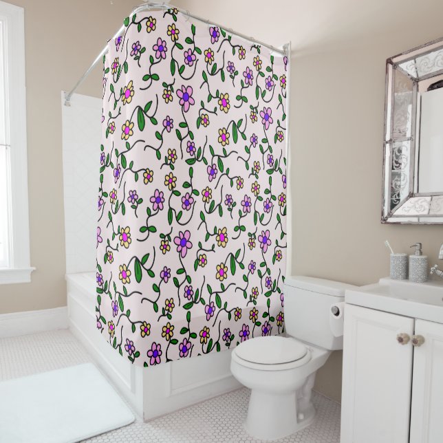 Colourful Flowers, Floral Pattern, Greenery, Boho Shower Curtain (In Situ)