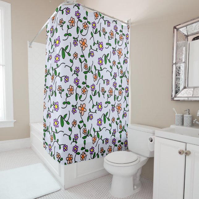 Colourful Flowers, Floral Pattern, Greenery, Boho Shower Curtain (In Situ)