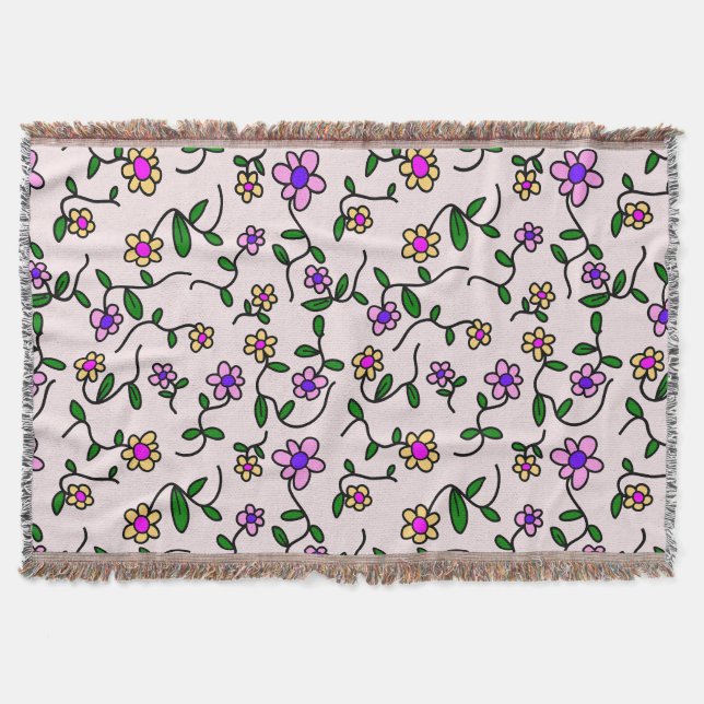 Colourful Flowers, Floral Pattern, Greenery, Boho Throw Blanket (Front)