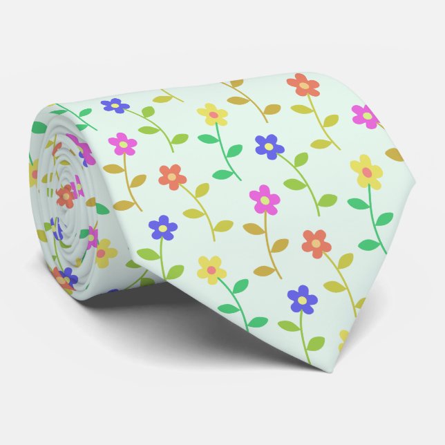 Colourful Flowers, Floral Pattern, Greenery, Boho Tie (Rolled)