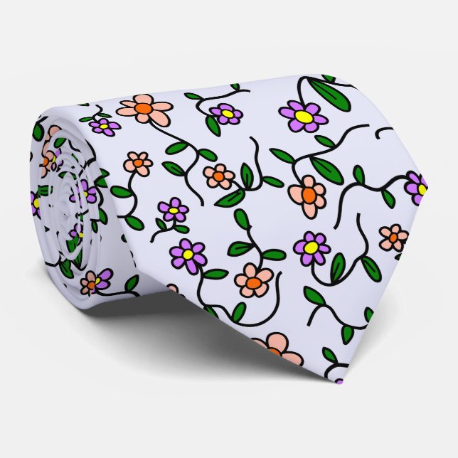 Colourful Flowers, Floral Pattern, Greenery, Boho Tie (Rolled)