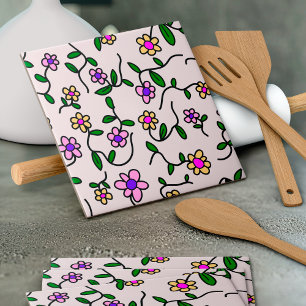 Colourful Flowers, Floral Pattern, Greenery, Boho Tile