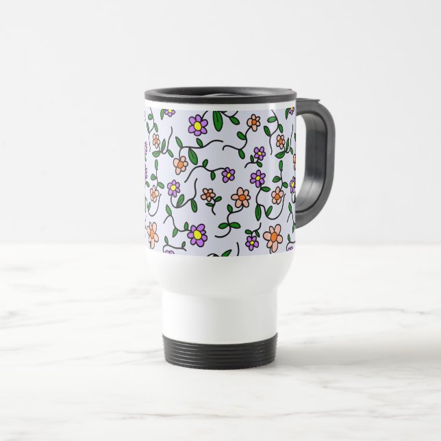 Colourful Flowers, Floral Pattern, Greenery, Boho Travel Mug (Front Right)