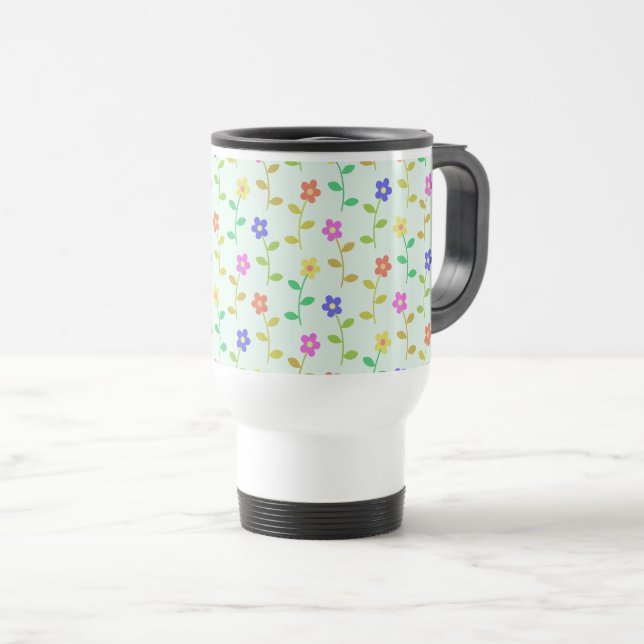 Colourful Flowers, Floral Pattern, Greenery, Boho Travel Mug (Front Right)