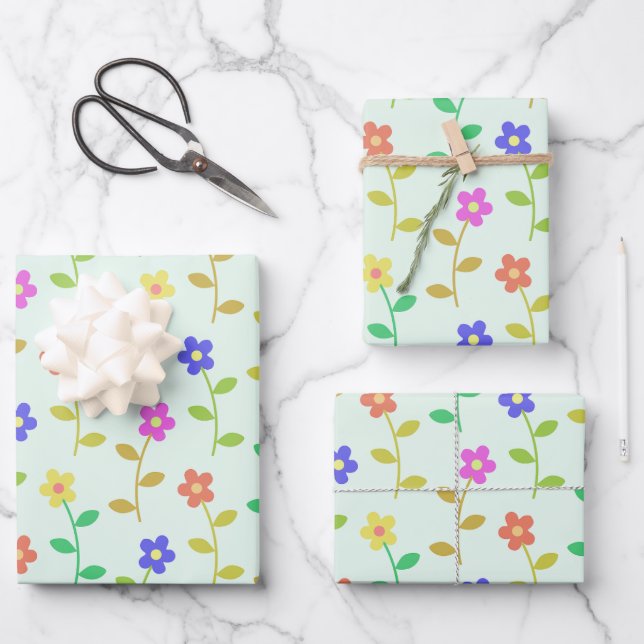 Colourful Flowers, Floral Pattern, Greenery, Boho Wrapping Paper Sheet (Front)