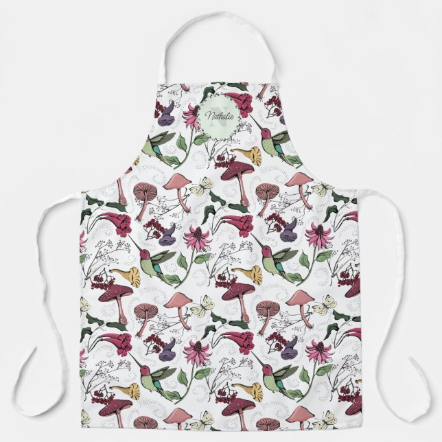 Colourful Flowers, Foliage & Hummingbird Name Apron (Front)