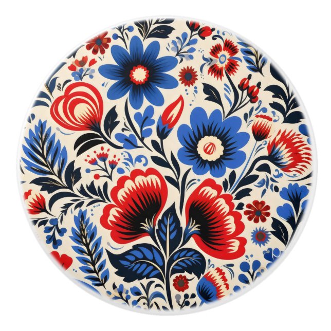 Colourful Flowers Folk Pattern Ceramic Knob (Front)