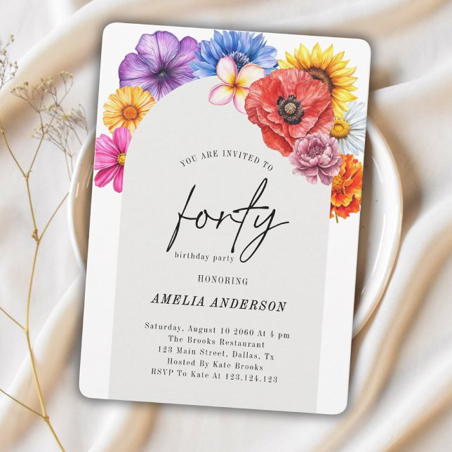 Colourful Flowers Forty 40th Birthday Party Arch Invitation (Creator Uploaded)