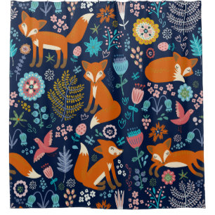 Colourful Flowers & Foxes Illustration Shower Curtain