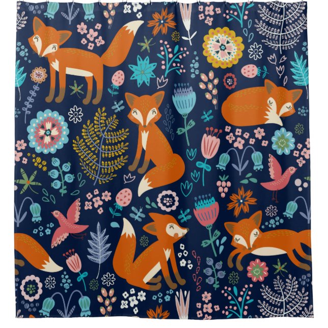 Colourful Flowers & Foxes Illustration Shower Curtain (Front)