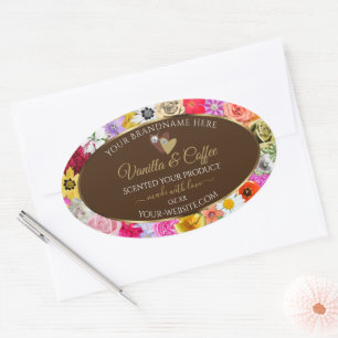 Colourful Flowers Frame Brown Product Labels Heart