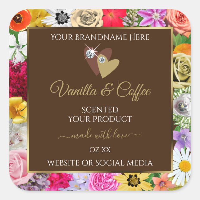 Colourful Flowers Frame Brown Product Labels Heart (Front)