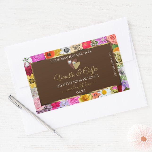 Colourful Flowers Frame Brown Product Labels Heart (Envelope)