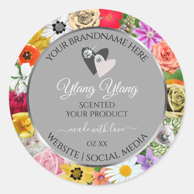 Colourful Flowers Frame Grey Product Labels Hearts (Front)