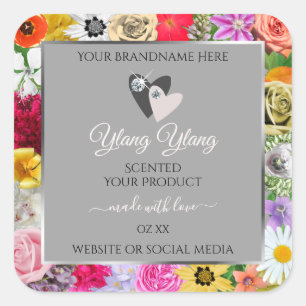 Colourful Flowers Frame Grey Product Labels Hearts