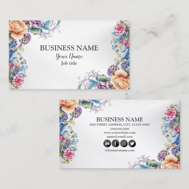 Colourful Flowers Frame Leaves Modern Elegant  Business Card (Front/Back)