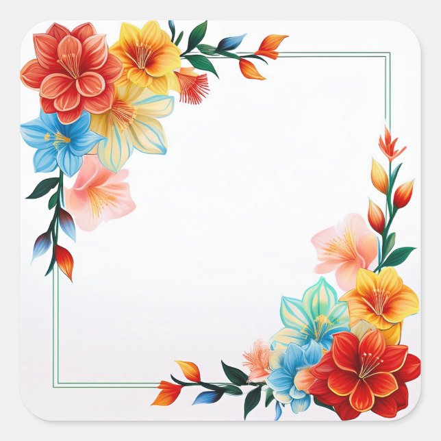 Colourful Flowers Frame Square Sticker (Front)
