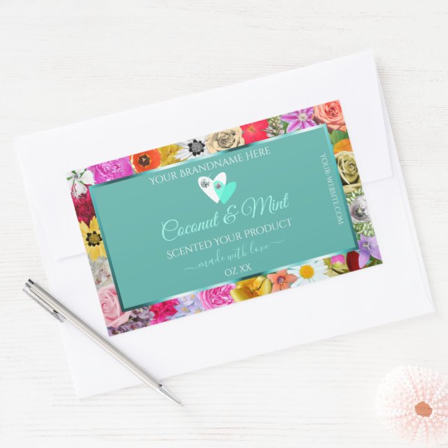 Colourful Flowers Frame Teal Product Labels Hearts (Envelope)