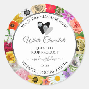 Colourful Flowers Frame White Product Labels Heart