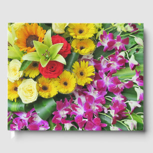 colourful+ flowers, garden+ gnome, calla+ li guest book