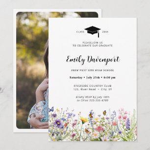 Colourful flowers garden Graduation photo on back  Invitation