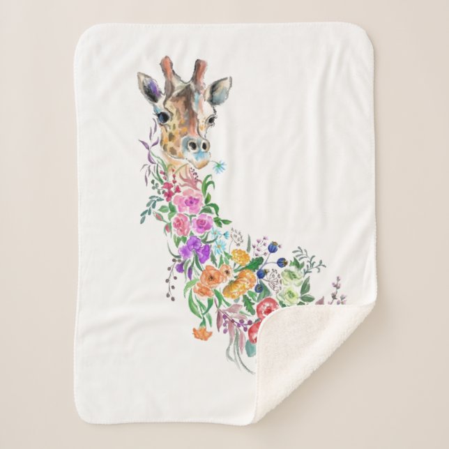 Colourful Flowers Giraffe Sherpa Blanket (Front)