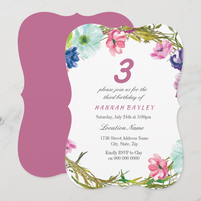 Colourful Flowers Girls 3rd 4th 5th 6th birthday Invitation (Front/Back)