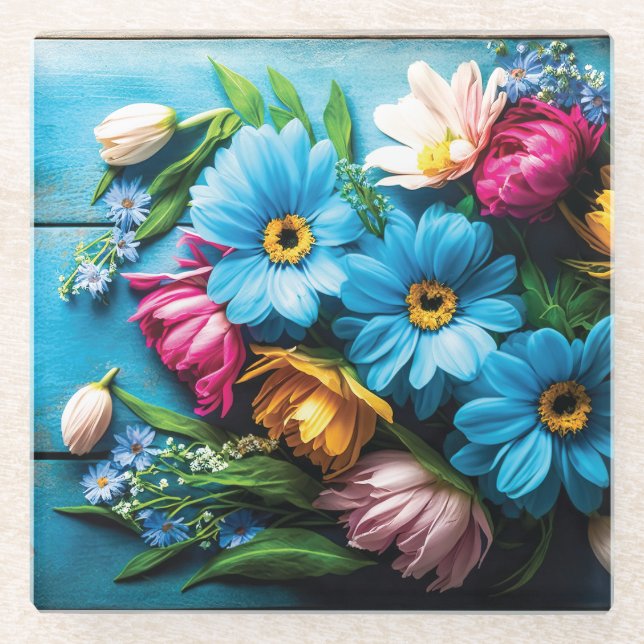 Colourful Flowers Glass Coaster (Front)
