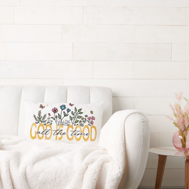 Colourful Flowers God Is Good All Times  Quote Lumbar Cushion (Couch)